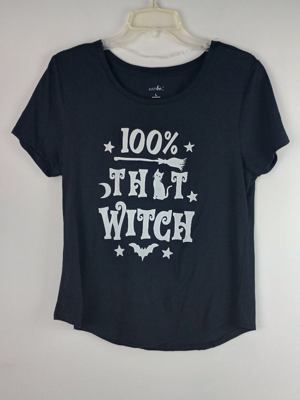Just Be Womens L Black 100 Percent that Witch Cat Broom Bat Graphic Tshirt